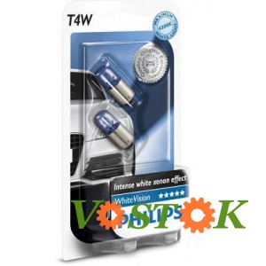 Лампа T4W 12V 4W BA9S T8,5x24,5 T10 WHITE VISION+60% (4300K) ком-т (2 шт.)