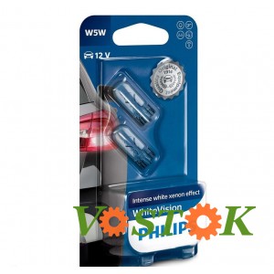 Лампа W5W 12V 5W W2.1X9.5D T10 WHITE VISION+60%(4300K) (блистер 2 шт)